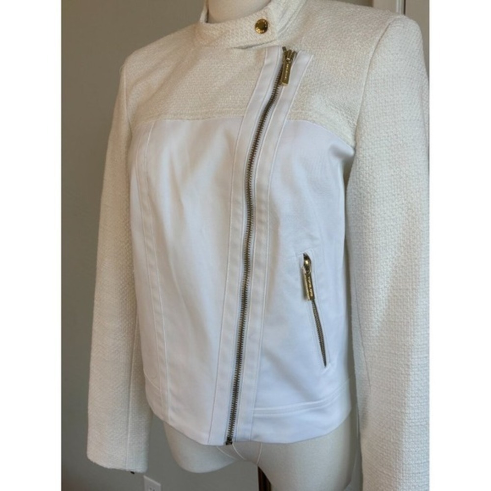 Michael Kors White Moto Jacket Textured Zip Jacket  8 Ladylike Biker Consign - Picture 3 of 12